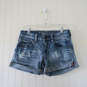 American Eagle Women's Size 8 Cutt Off Jean Shorts Whiskering Mid Rise Stretch